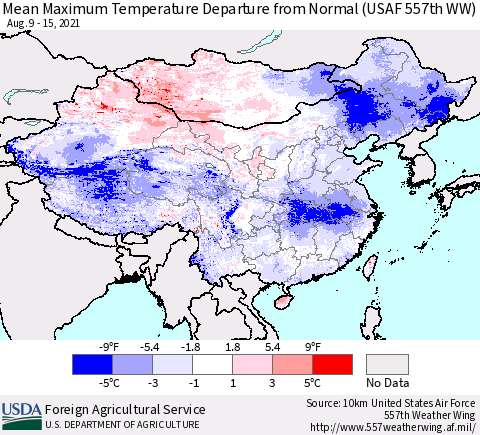 China, Mongolia and Taiwan Mean Maximum Temperature Departure from Normal (USAF 557th WW) Thematic Map For 8/9/2021 - 8/15/2021