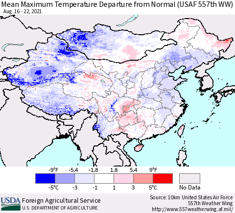 China, Mongolia and Taiwan Mean Maximum Temperature Departure from Normal (USAF 557th WW) Thematic Map For 8/16/2021 - 8/22/2021
