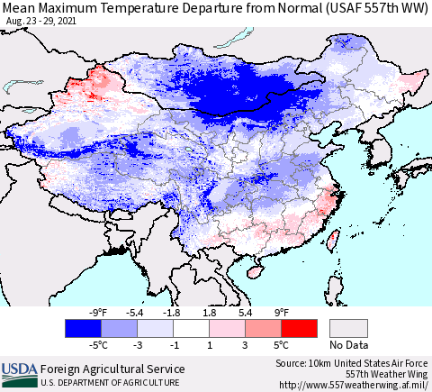 China, Mongolia and Taiwan Mean Maximum Temperature Departure from Normal (USAF 557th WW) Thematic Map For 8/23/2021 - 8/29/2021