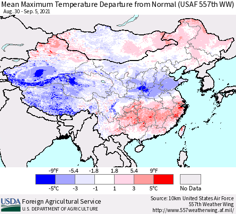 China, Mongolia and Taiwan Mean Maximum Temperature Departure from Normal (USAF 557th WW) Thematic Map For 8/30/2021 - 9/5/2021