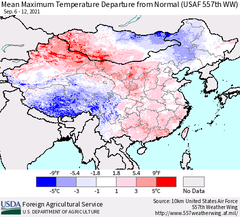China, Mongolia and Taiwan Mean Maximum Temperature Departure from Normal (USAF 557th WW) Thematic Map For 9/6/2021 - 9/12/2021