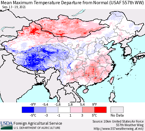 China, Mongolia and Taiwan Mean Maximum Temperature Departure from Normal (USAF 557th WW) Thematic Map For 9/13/2021 - 9/19/2021