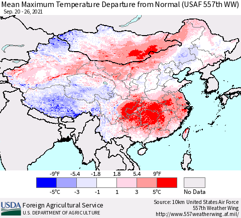 China, Mongolia and Taiwan Mean Maximum Temperature Departure from Normal (USAF 557th WW) Thematic Map For 9/20/2021 - 9/26/2021
