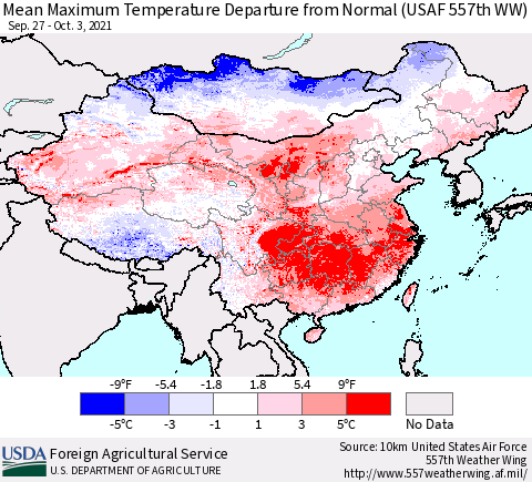 China, Mongolia and Taiwan Mean Maximum Temperature Departure from Normal (USAF 557th WW) Thematic Map For 9/27/2021 - 10/3/2021
