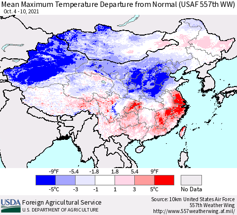 China, Mongolia and Taiwan Mean Maximum Temperature Departure from Normal (USAF 557th WW) Thematic Map For 10/4/2021 - 10/10/2021