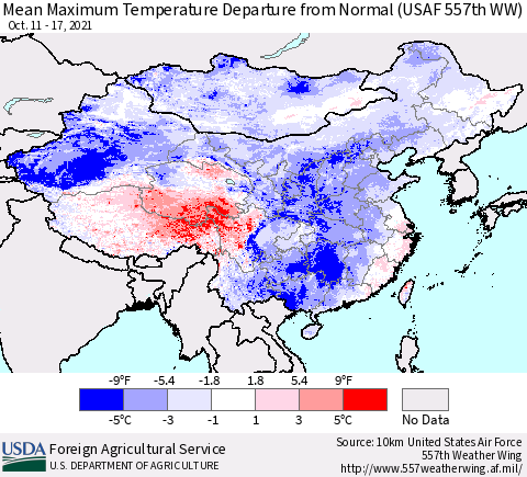 China, Mongolia and Taiwan Mean Maximum Temperature Departure from Normal (USAF 557th WW) Thematic Map For 10/11/2021 - 10/17/2021