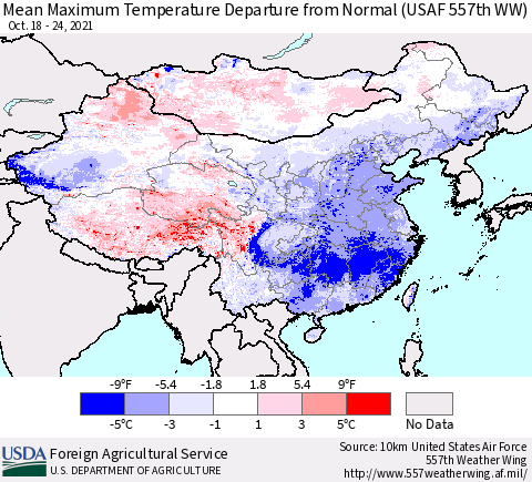 China, Mongolia and Taiwan Mean Maximum Temperature Departure from Normal (USAF 557th WW) Thematic Map For 10/18/2021 - 10/24/2021