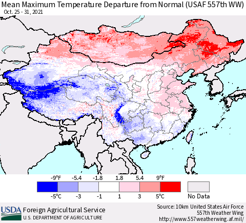 China, Mongolia and Taiwan Mean Maximum Temperature Departure from Normal (USAF 557th WW) Thematic Map For 10/25/2021 - 10/31/2021