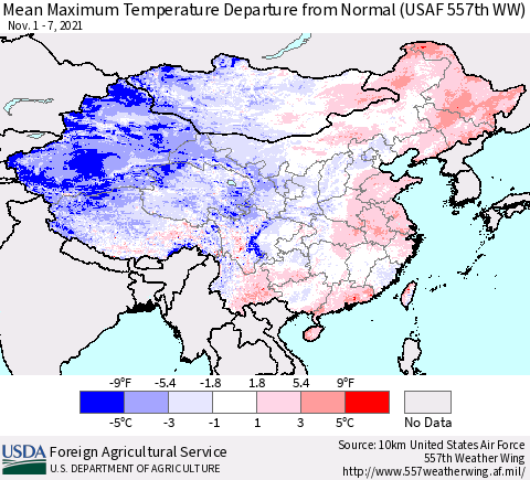 China, Mongolia and Taiwan Mean Maximum Temperature Departure from Normal (USAF 557th WW) Thematic Map For 11/1/2021 - 11/7/2021
