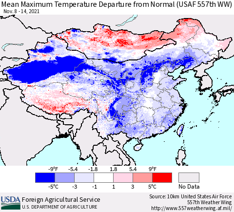 China, Mongolia and Taiwan Mean Maximum Temperature Departure from Normal (USAF 557th WW) Thematic Map For 11/8/2021 - 11/14/2021