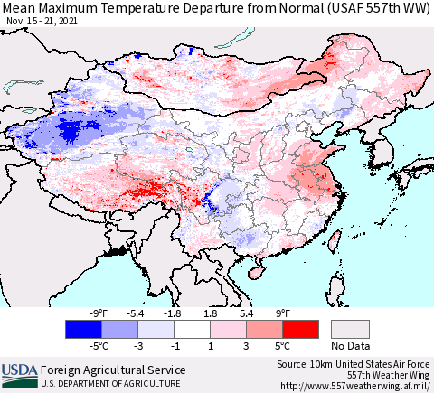 China, Mongolia and Taiwan Mean Maximum Temperature Departure from Normal (USAF 557th WW) Thematic Map For 11/15/2021 - 11/21/2021