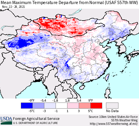 China, Mongolia and Taiwan Mean Maximum Temperature Departure from Normal (USAF 557th WW) Thematic Map For 11/22/2021 - 11/28/2021