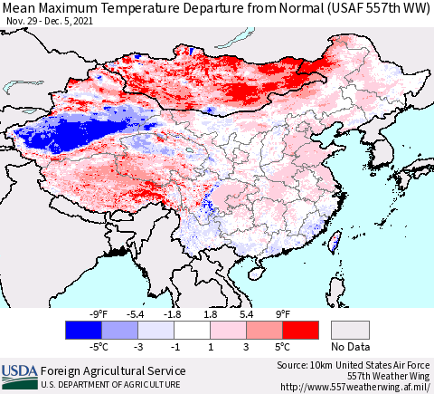 China, Mongolia and Taiwan Mean Maximum Temperature Departure from Normal (USAF 557th WW) Thematic Map For 11/29/2021 - 12/5/2021