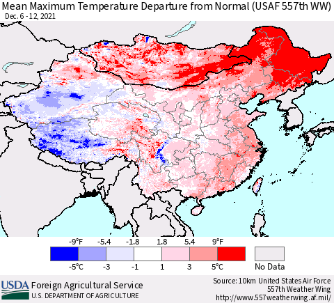China, Mongolia and Taiwan Mean Maximum Temperature Departure from Normal (USAF 557th WW) Thematic Map For 12/6/2021 - 12/12/2021