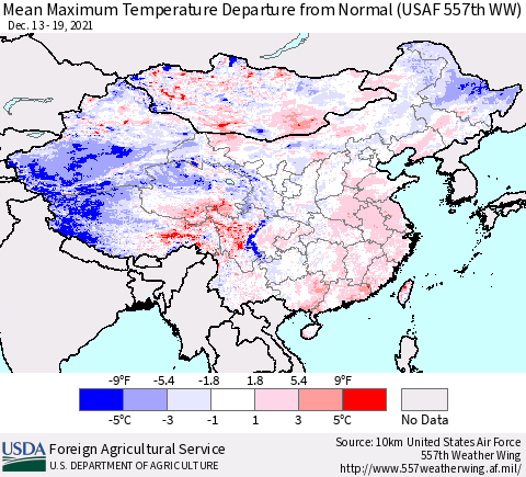 China, Mongolia and Taiwan Mean Maximum Temperature Departure from Normal (USAF 557th WW) Thematic Map For 12/13/2021 - 12/19/2021