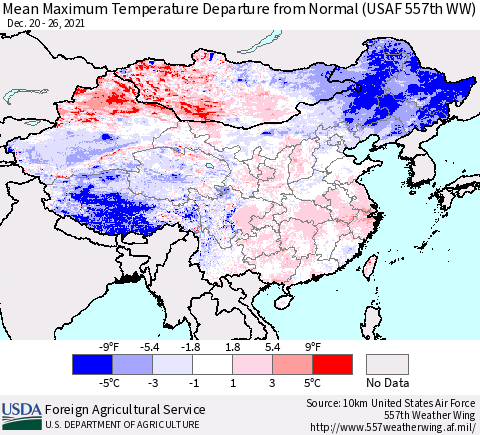 China, Mongolia and Taiwan Mean Maximum Temperature Departure from Normal (USAF 557th WW) Thematic Map For 12/20/2021 - 12/26/2021