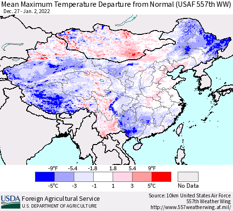 China, Mongolia and Taiwan Mean Maximum Temperature Departure from Normal (USAF 557th WW) Thematic Map For 12/27/2021 - 1/2/2022