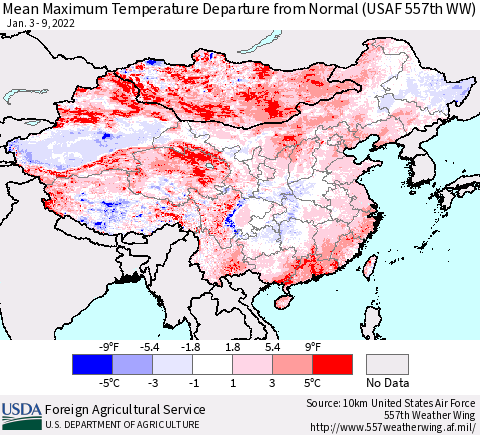China, Mongolia and Taiwan Mean Maximum Temperature Departure from Normal (USAF 557th WW) Thematic Map For 1/3/2022 - 1/9/2022
