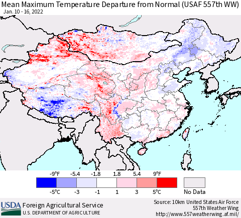 China, Mongolia and Taiwan Mean Maximum Temperature Departure from Normal (USAF 557th WW) Thematic Map For 1/10/2022 - 1/16/2022