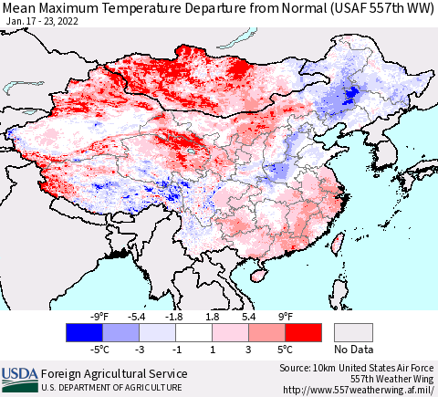 China, Mongolia and Taiwan Mean Maximum Temperature Departure from Normal (USAF 557th WW) Thematic Map For 1/17/2022 - 1/23/2022