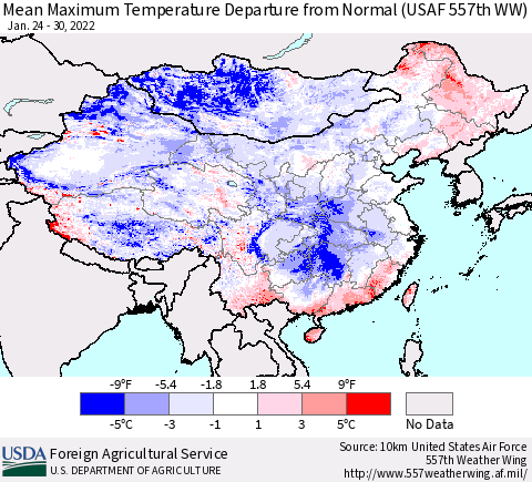 China, Mongolia and Taiwan Mean Maximum Temperature Departure from Normal (USAF 557th WW) Thematic Map For 1/24/2022 - 1/30/2022