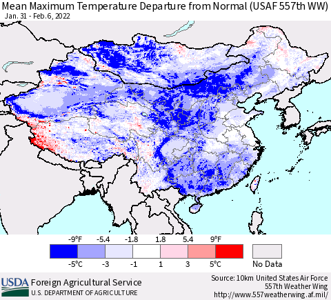 China, Mongolia and Taiwan Mean Maximum Temperature Departure from Normal (USAF 557th WW) Thematic Map For 1/31/2022 - 2/6/2022