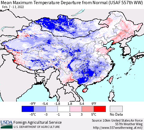 China, Mongolia and Taiwan Mean Maximum Temperature Departure from Normal (USAF 557th WW) Thematic Map For 2/7/2022 - 2/13/2022