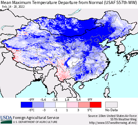 China, Mongolia and Taiwan Mean Maximum Temperature Departure from Normal (USAF 557th WW) Thematic Map For 2/14/2022 - 2/20/2022