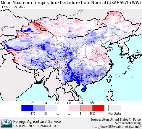 China, Mongolia and Taiwan Mean Maximum Temperature Departure from Normal (USAF 557th WW) Thematic Map For 2/21/2022 - 2/27/2022