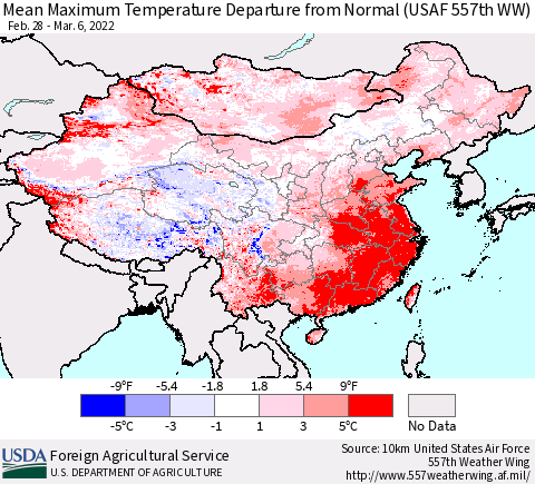 China, Mongolia and Taiwan Mean Maximum Temperature Departure from Normal (USAF 557th WW) Thematic Map For 2/28/2022 - 3/6/2022