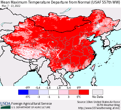 China, Mongolia and Taiwan Mean Maximum Temperature Departure from Normal (USAF 557th WW) Thematic Map For 3/7/2022 - 3/13/2022
