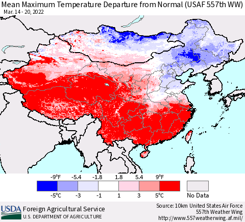 China, Mongolia and Taiwan Mean Maximum Temperature Departure from Normal (USAF 557th WW) Thematic Map For 3/14/2022 - 3/20/2022