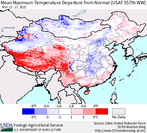 China, Mongolia and Taiwan Mean Maximum Temperature Departure from Normal (USAF 557th WW) Thematic Map For 3/21/2022 - 3/27/2022