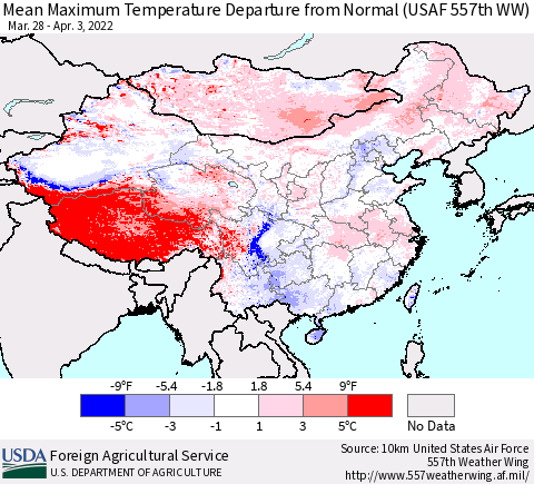 China, Mongolia and Taiwan Mean Maximum Temperature Departure from Normal (USAF 557th WW) Thematic Map For 3/28/2022 - 4/3/2022