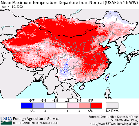 China, Mongolia and Taiwan Mean Maximum Temperature Departure from Normal (USAF 557th WW) Thematic Map For 4/4/2022 - 4/10/2022