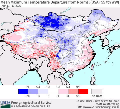 China, Mongolia and Taiwan Mean Maximum Temperature Departure from Normal (USAF 557th WW) Thematic Map For 4/11/2022 - 4/17/2022
