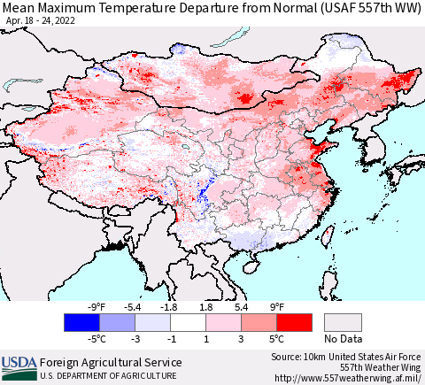 China, Mongolia and Taiwan Mean Maximum Temperature Departure from Normal (USAF 557th WW) Thematic Map For 4/18/2022 - 4/24/2022