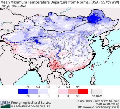 China, Mongolia and Taiwan Mean Maximum Temperature Departure from Normal (USAF 557th WW) Thematic Map For 4/25/2022 - 5/1/2022