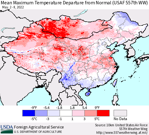 China, Mongolia and Taiwan Mean Maximum Temperature Departure from Normal (USAF 557th WW) Thematic Map For 5/2/2022 - 5/8/2022