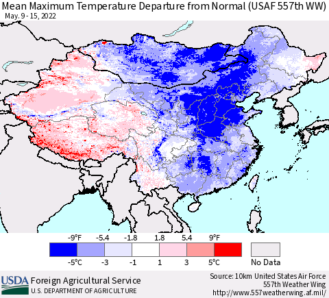 China, Mongolia and Taiwan Mean Maximum Temperature Departure from Normal (USAF 557th WW) Thematic Map For 5/9/2022 - 5/15/2022