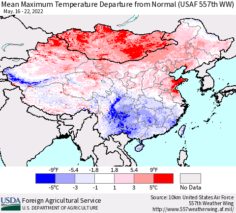 China, Mongolia and Taiwan Mean Maximum Temperature Departure from Normal (USAF 557th WW) Thematic Map For 5/16/2022 - 5/22/2022