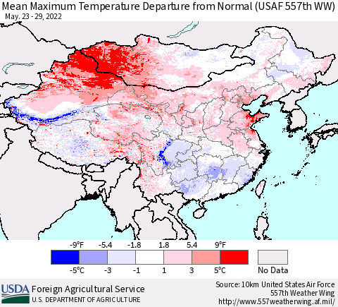 China, Mongolia and Taiwan Mean Maximum Temperature Departure from Normal (USAF 557th WW) Thematic Map For 5/23/2022 - 5/29/2022