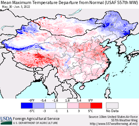 China, Mongolia and Taiwan Mean Maximum Temperature Departure from Normal (USAF 557th WW) Thematic Map For 5/30/2022 - 6/5/2022