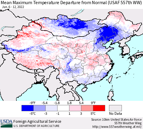 China, Mongolia and Taiwan Mean Maximum Temperature Departure from Normal (USAF 557th WW) Thematic Map For 6/6/2022 - 6/12/2022