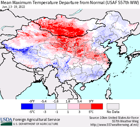 China, Mongolia and Taiwan Mean Maximum Temperature Departure from Normal (USAF 557th WW) Thematic Map For 6/13/2022 - 6/19/2022