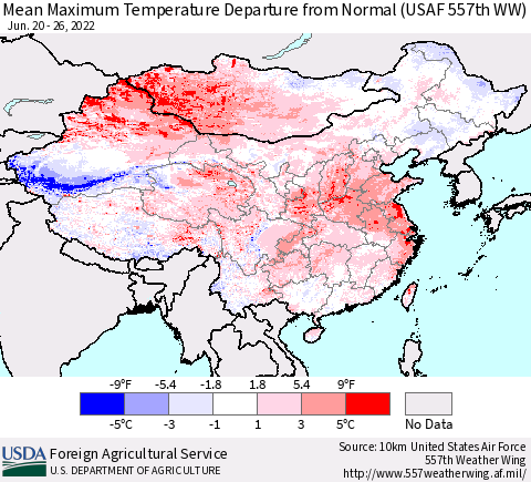 China, Mongolia and Taiwan Mean Maximum Temperature Departure from Normal (USAF 557th WW) Thematic Map For 6/20/2022 - 6/26/2022