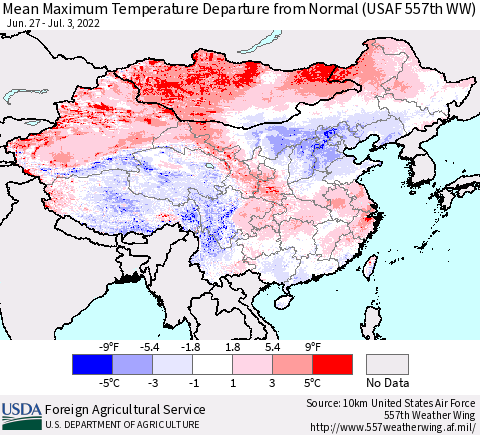 China, Mongolia and Taiwan Mean Maximum Temperature Departure from Normal (USAF 557th WW) Thematic Map For 6/27/2022 - 7/3/2022