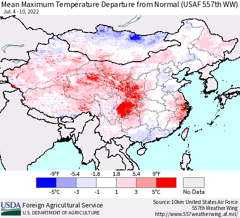 China, Mongolia and Taiwan Mean Maximum Temperature Departure from Normal (USAF 557th WW) Thematic Map For 7/4/2022 - 7/10/2022