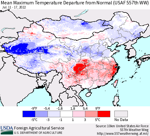 China, Mongolia and Taiwan Mean Maximum Temperature Departure from Normal (USAF 557th WW) Thematic Map For 7/11/2022 - 7/17/2022