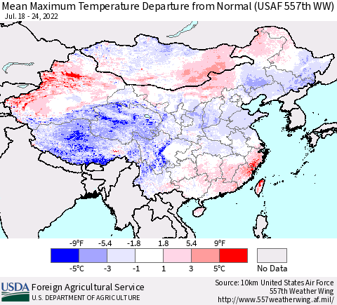 China, Mongolia and Taiwan Mean Maximum Temperature Departure from Normal (USAF 557th WW) Thematic Map For 7/18/2022 - 7/24/2022